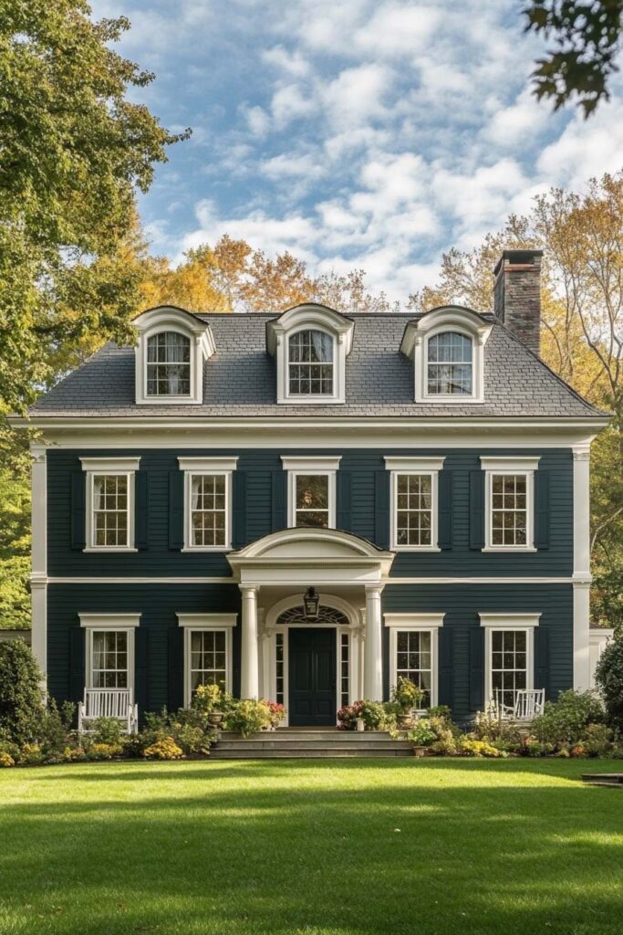 Dark green Colonial-style home with white trim, dormer windows, and columned entrance surrounded by fall trees and a manicured lawn.