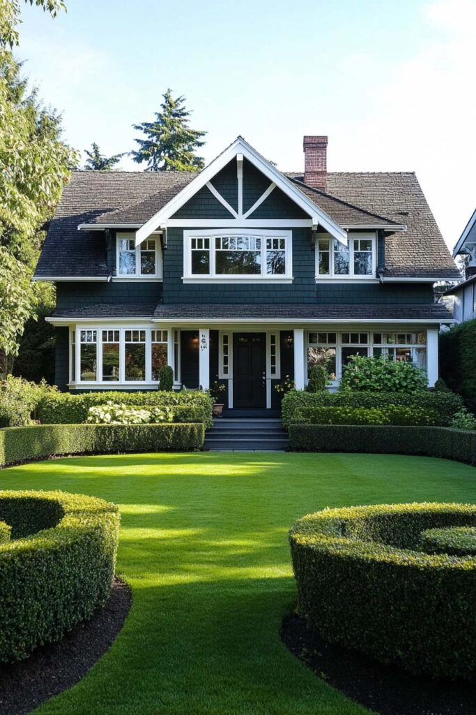 Dark green craftsman house with white trim, black front door, and manicured boxwood hedge landscaping under bright daylight.
