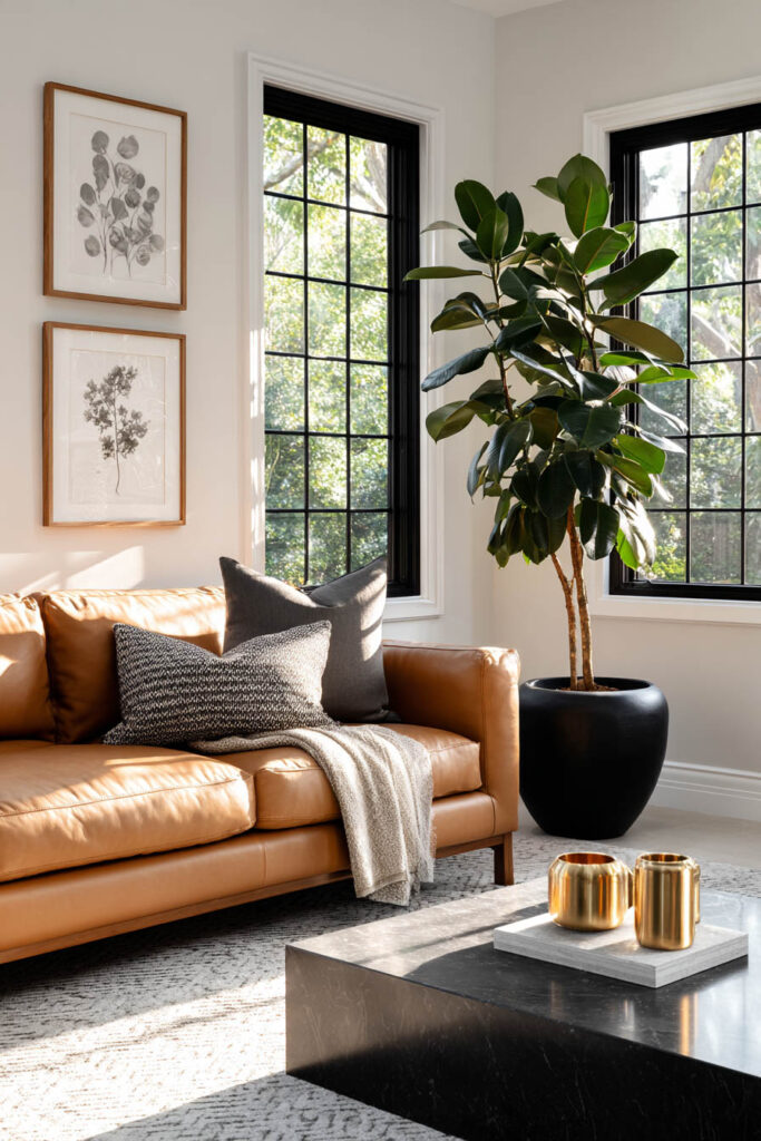 Living room with rubber plant in black pot beside caramel leather sofa and modern decor in natural light.