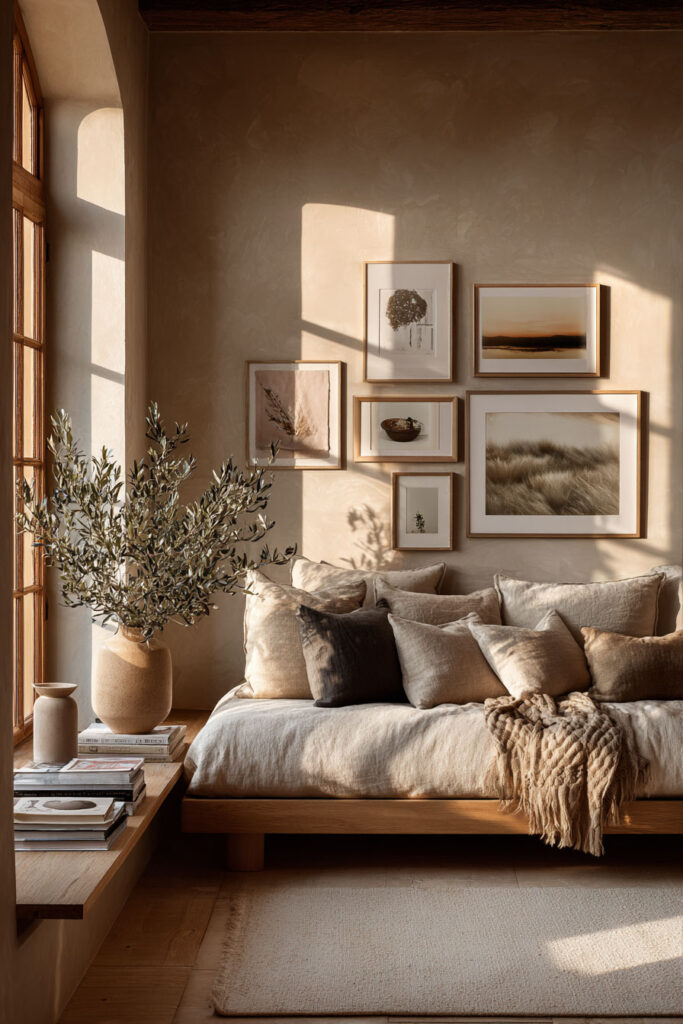 Neutral-toned sitting nook with wood-framed gallery wall of landscapes, linen cushions, textured throw blanket, and large vase with olive branches in soft natural light.