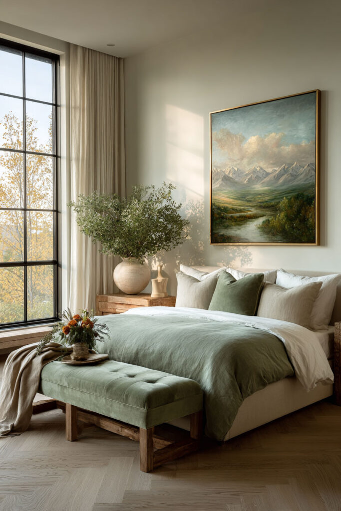 A peaceful sage green bedroom featuring a tufted bench at the foot of the bed, natural wood furniture, large window, and soft light highlighting the linen bedding and landscape artwork.
