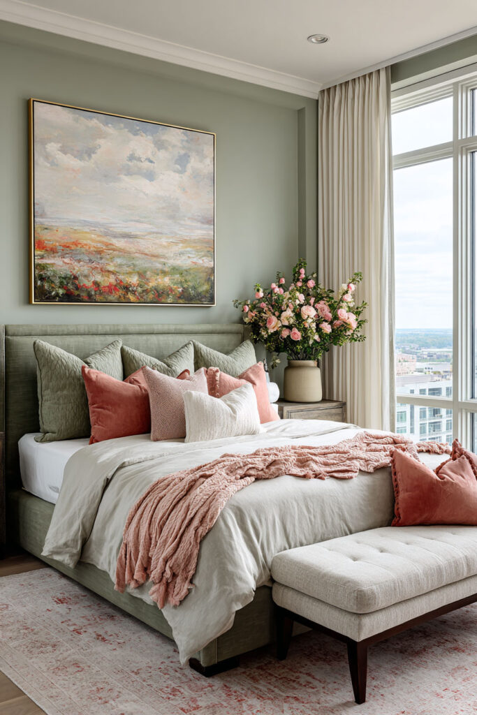 Sage green bedroom with blush and rose pink accents, layered pillows, and floral decor creating a soft and romantic atmosphere.