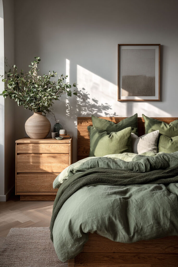 Scandinavian sage green bedroom with light wood furniture, minimal decor, and natural sunlight for a cozy, airy look.