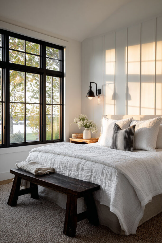 Cozy black and white bedroom with board and batten walls, black window trim, white quilted bedding, wood accents, and soft sunset light streaming in.
