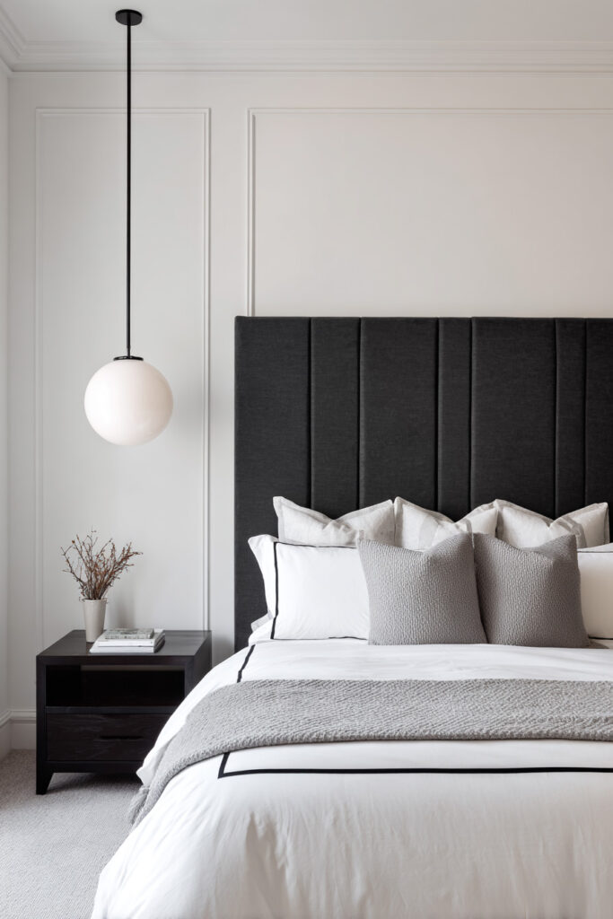 Minimalist black and white bedroom featuring a tall upholstered black headboard, white bedding with black piping, layered gray and ivory throw pillows, and a black nightstand with simple decor.