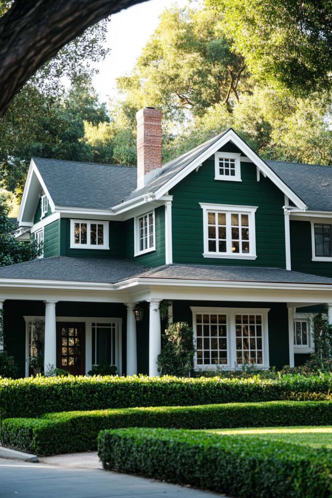 Dark green colonial-style home with white trim, brick chimney, tall columns, and manicured hedge landscaping under mature trees.