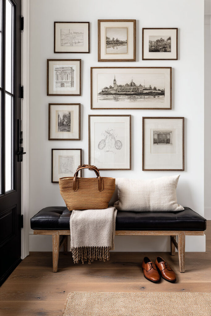 Entryway with wood-framed architectural sketch gallery wall, black leather bench, woven tote, and neutral accents.