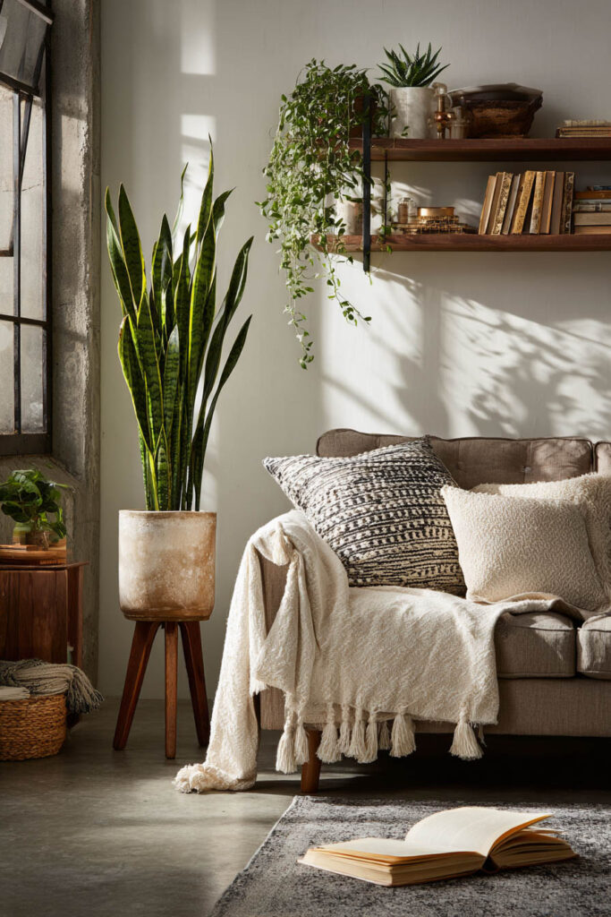 Living room with snake plant, hanging greenery, neutral sofa, and sunlight creating a cozy natural atmosphere.