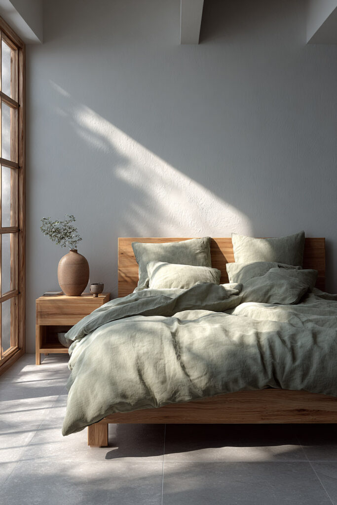 Minimalist sage green bedroom with natural wood furniture, soft linen bedding, and Scandinavian-inspired simplicity.