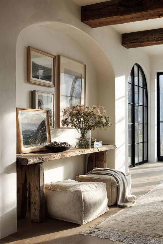 Rustic console area with framed landscape art leaning on a wood table, soft neutral poufs, dried flowers in a vase, arched alcove, and natural light from black French windows.