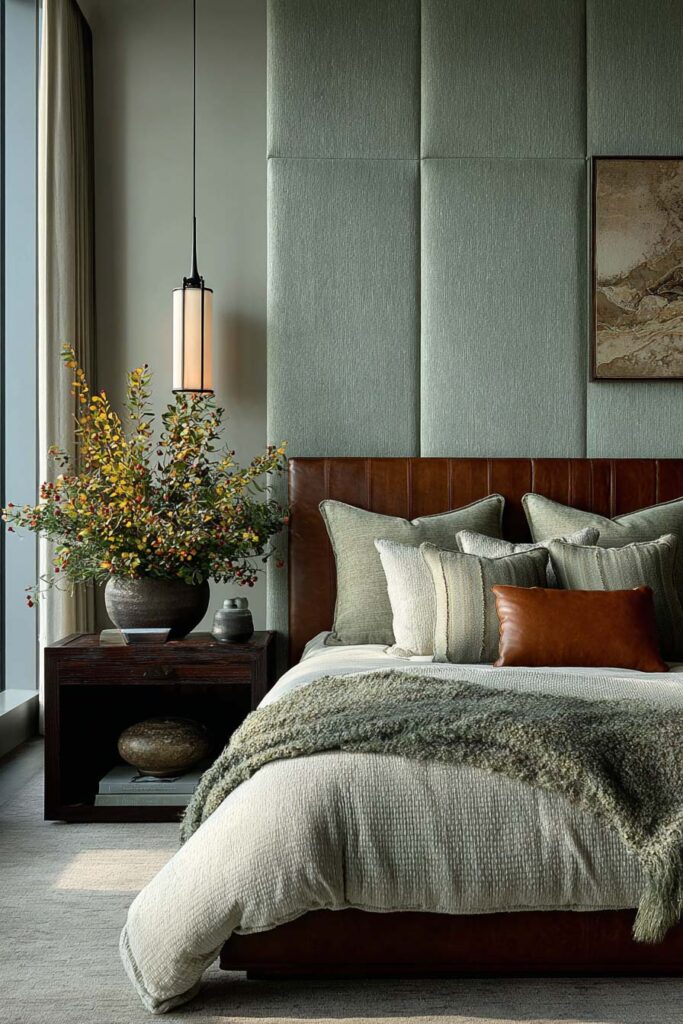 Sage green bedroom with leather headboard, textured bedding, and modern pendant lighting for an elegant earthy style.