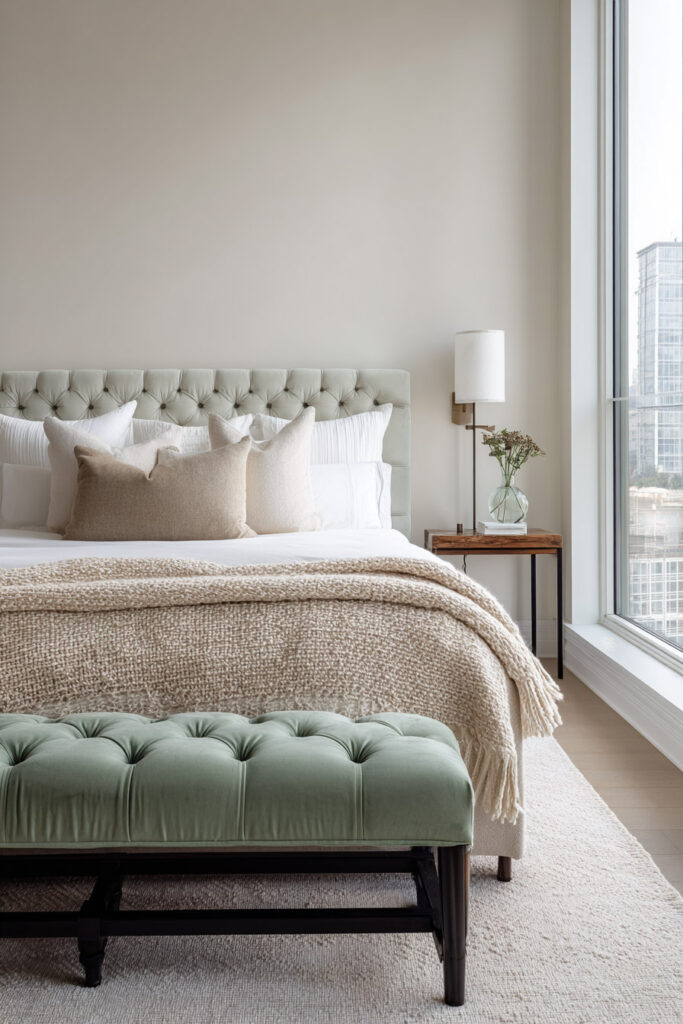A modern sage green bedroom with a tufted headboard, beige throw blanket, neutral pillows, and a green velvet bench at the foot of the bed beside a large window.