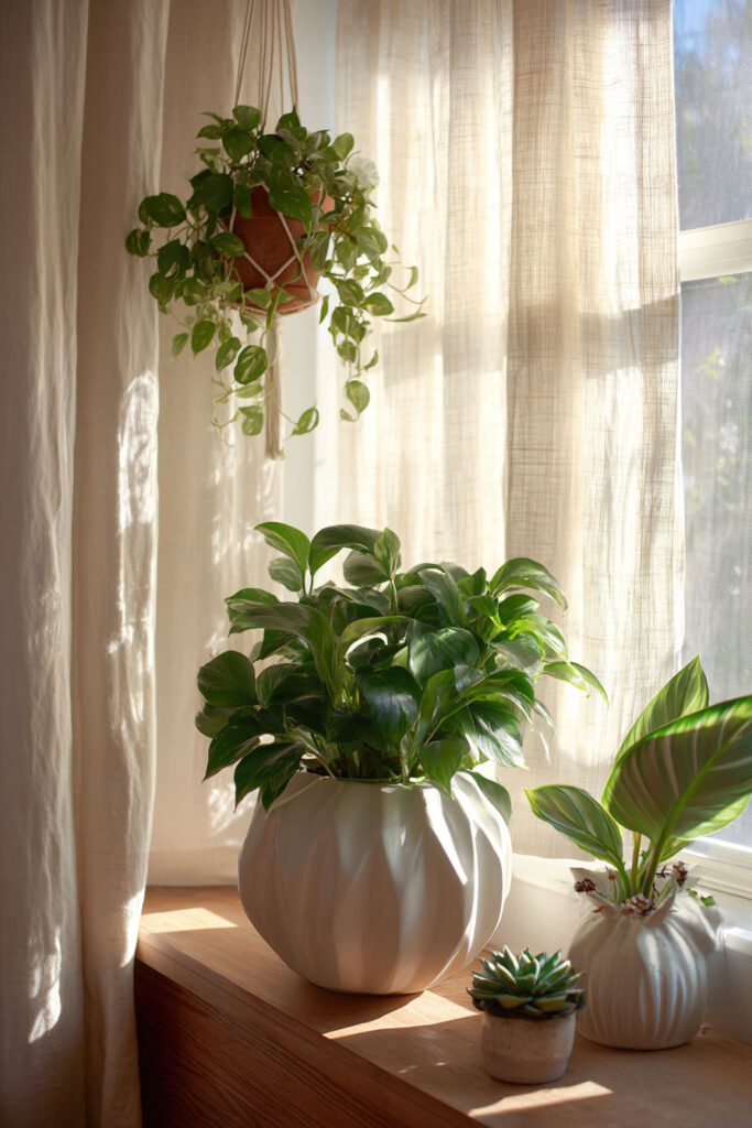 Sunlit windowsill with hanging pothos and potted indoor plants in white planters, surrounded by linen curtains for a fresh, natural feel.