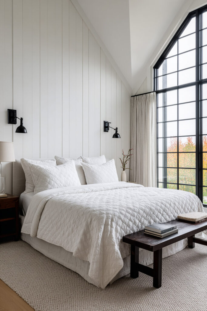 Bright black and white bedroom with vaulted ceiling, white shiplap walls, black sconces, large black-trimmed windows, and minimal decor.