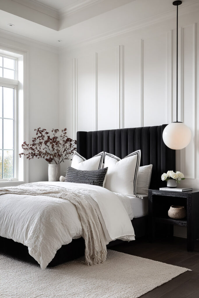 Black and white minimalist bedroom featuring a black tufted headboard, white bedding with black trim pillows, and paneled white walls