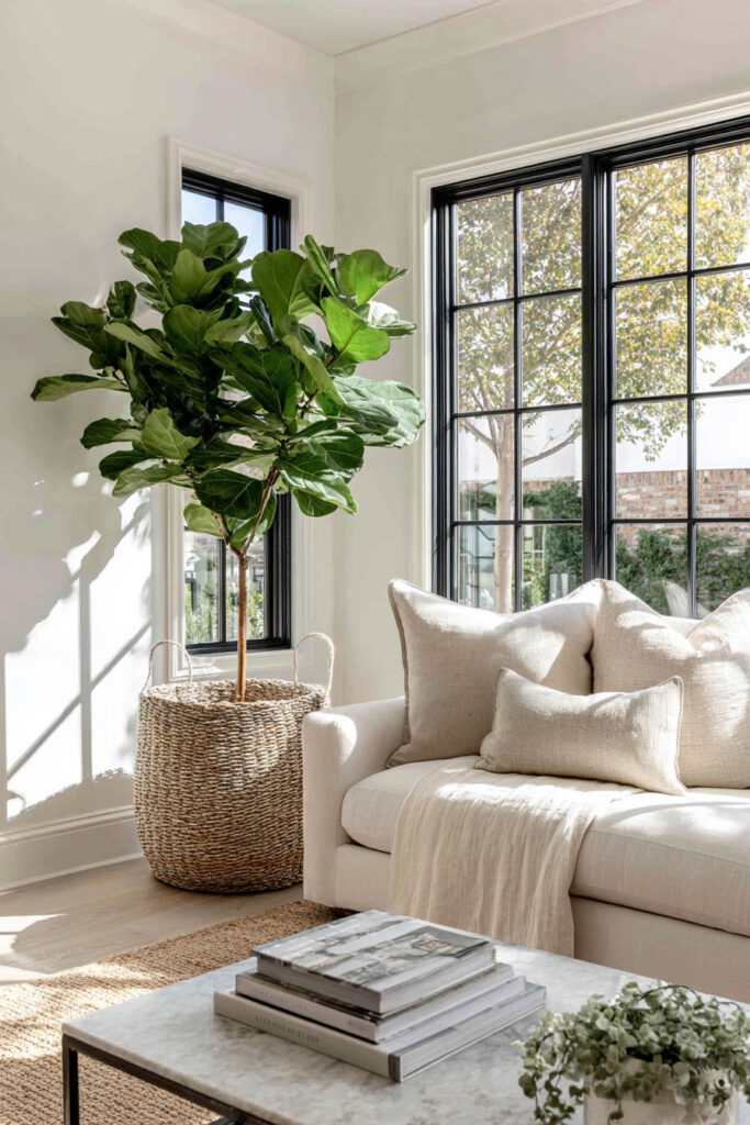 Bright living room with fiddle leaf fig in woven basket, neutral sofa, black window frames, and natural light for a fresh, airy feel.