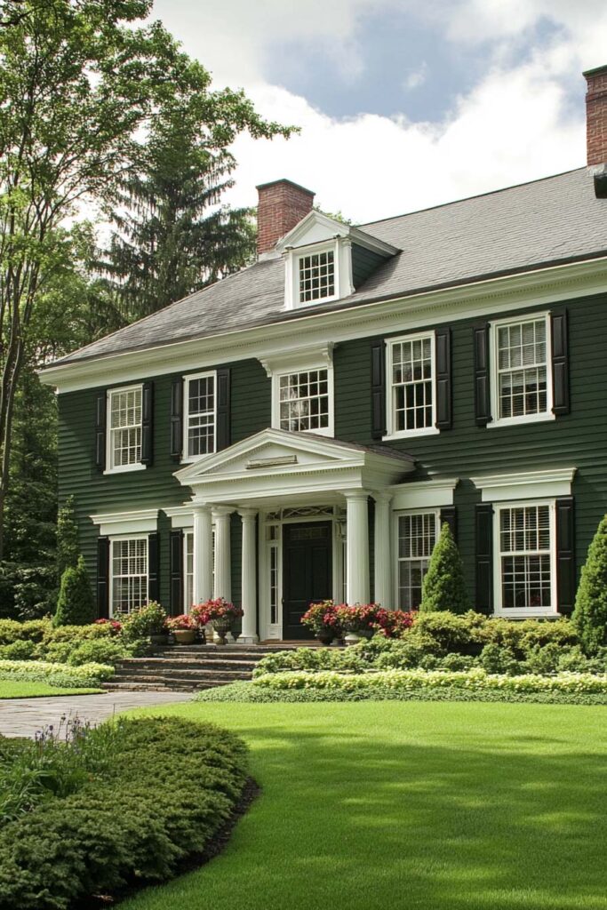Dark green colonial house with white columns, black shutters, manicured lawn, and blooming front garden under bright daylight.