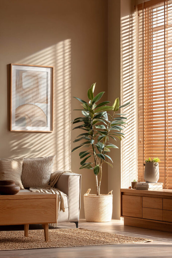 Sunlit living room with rubber plant in woven basket beside neutral sofa and wooden furniture.