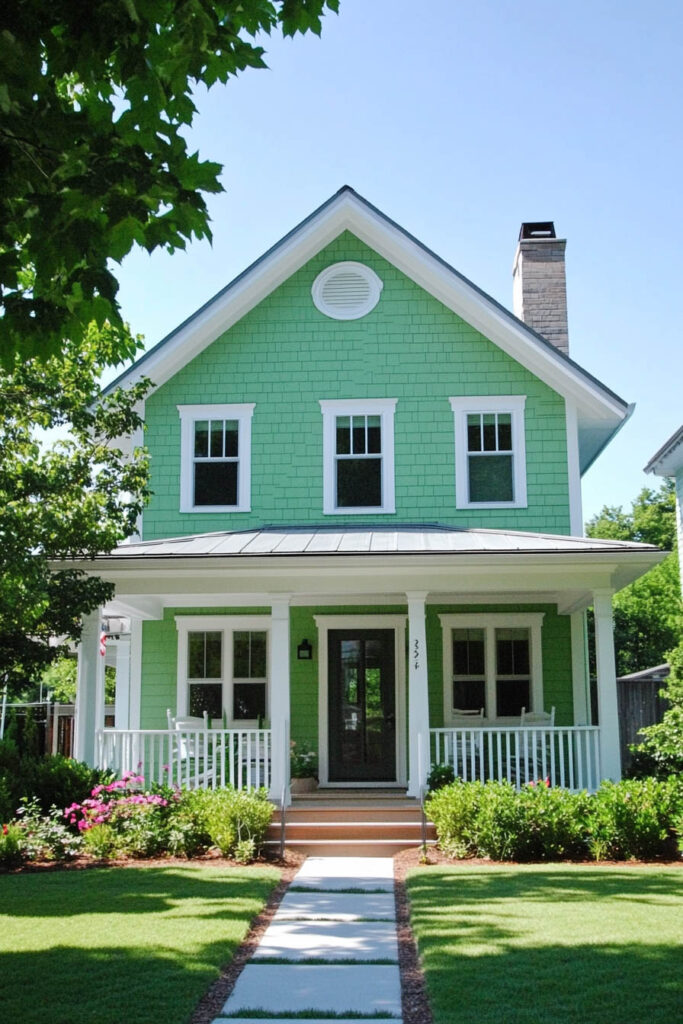 Mint green cottage with white trim, covered front porch, and colorful flower garden creating a bright and inviting exterior.