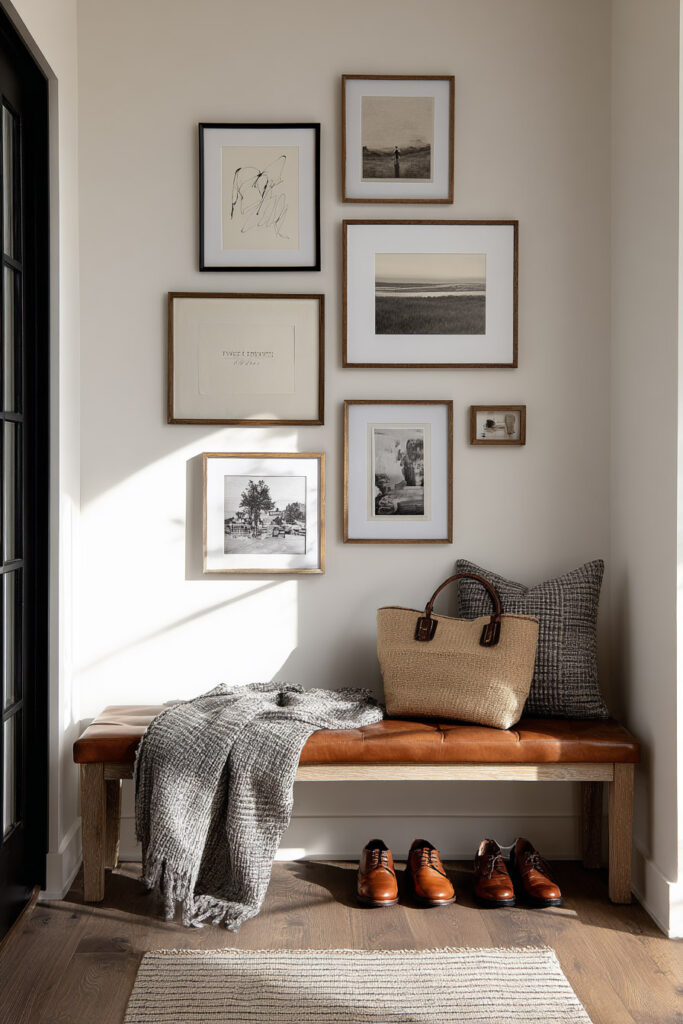 Neutral entryway with mixed art gallery wall, leather bench, cozy throw, woven bag, and soft natural lighting.