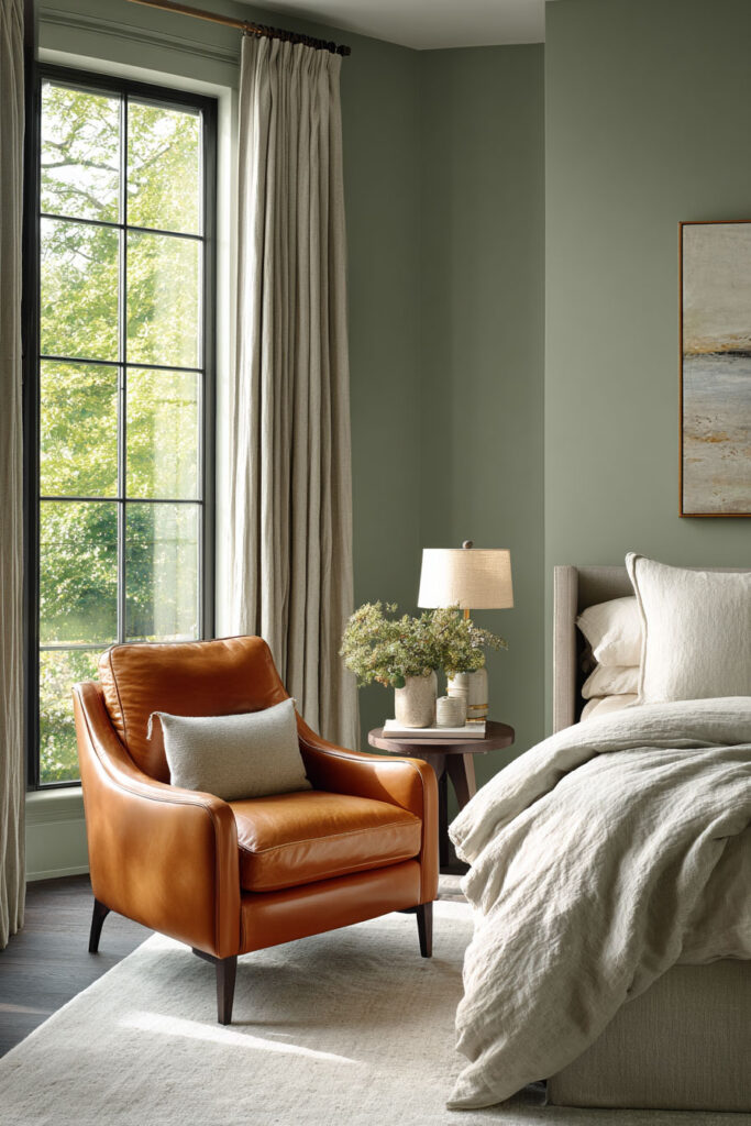 Sage green bedroom with caramel leather chair, neutral bedding, and natural light for a cozy modern aesthetic