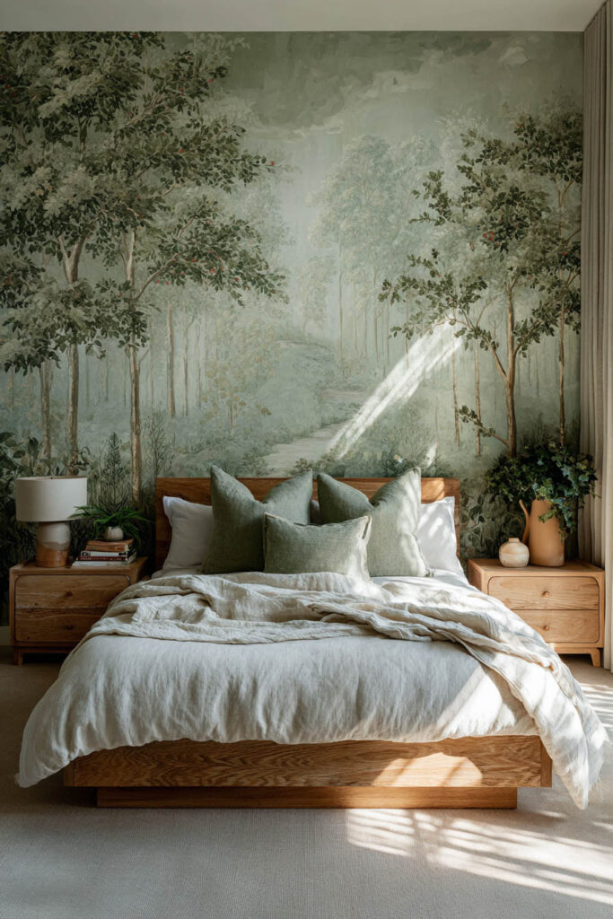 Sage green bedroom with forest mural accent wall, natural wood furniture, and linen bedding for a calm, nature-inspired look.