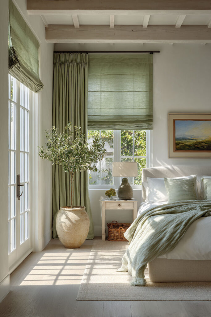 A light-filled sage green bedroom featuring matching roman shades and curtains, a large ceramic vase with greenery, linen bedding, and a woven basket under the nightstand.