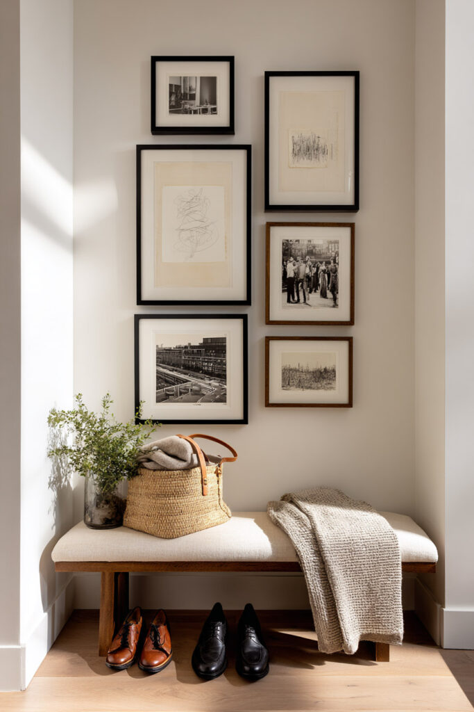 Small entryway with black and wood-framed gallery wall, woven bench with textured blanket, straw bag, shoes neatly arranged below, and vase with greenery.