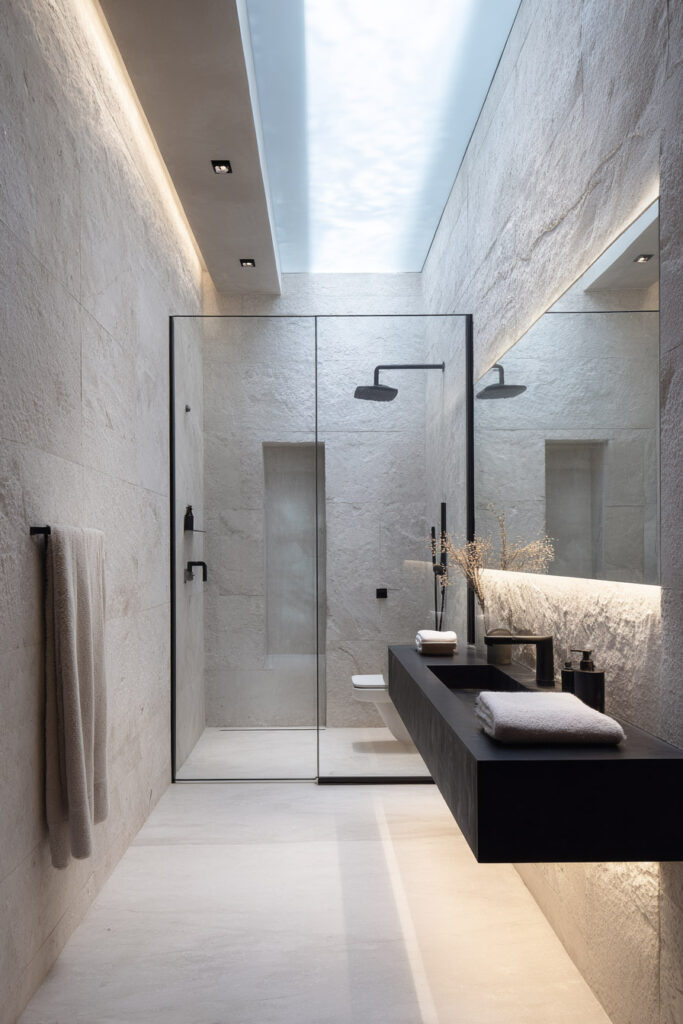 Minimalist black and white bathroom with textured stone walls, walk-in glass shower, matte black fixtures, and a sleek floating vanity under skylight lighting.