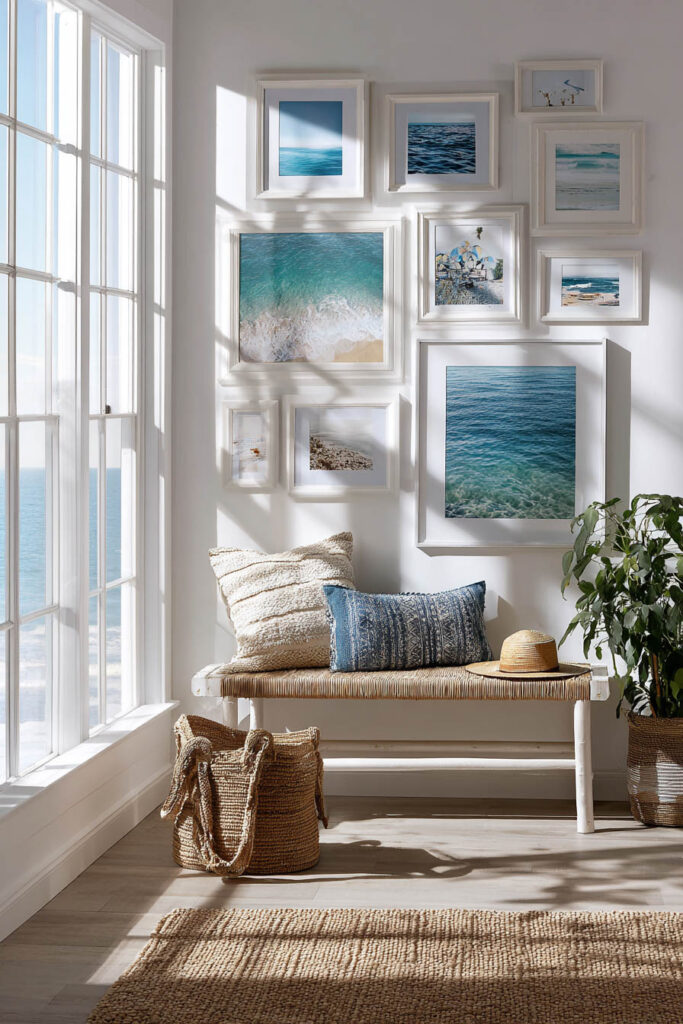 Coastal-inspired corner with white-framed gallery wall of ocean and beach photos, woven bench with blue and cream pillows, jute rug, and natural sunlight from large windows.
