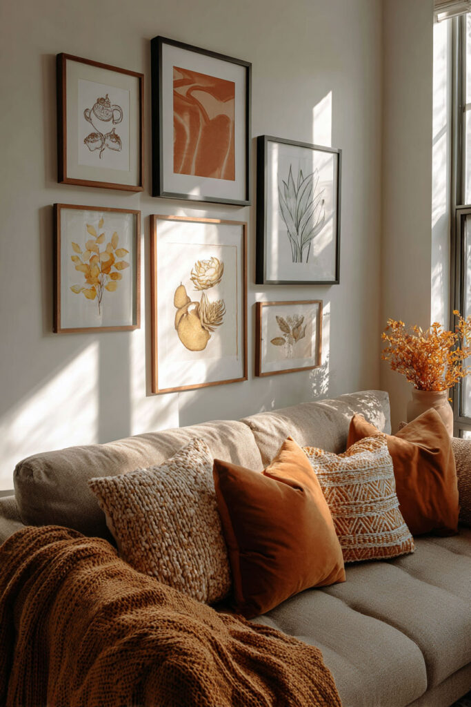 Warm living room with fall-inspired gallery wall, rust and gold botanical prints, cozy sofa, and sunlight streaming through window.