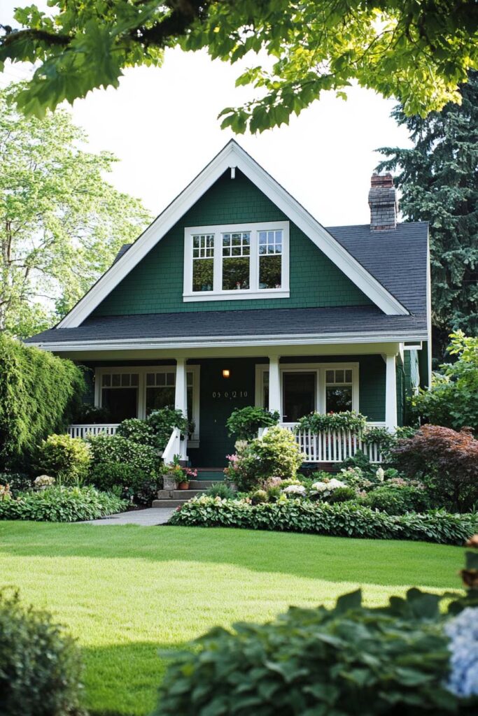 Forest green craftsman-style home with white trim, covered porch, and lush front garden featuring hydrangeas and manicured lawn.