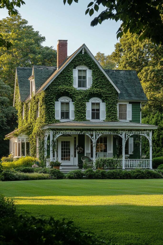 Ivy-covered green Victorian house with white shutters, ornate trim, wraparound porch, and lush garden landscaping in summer light.