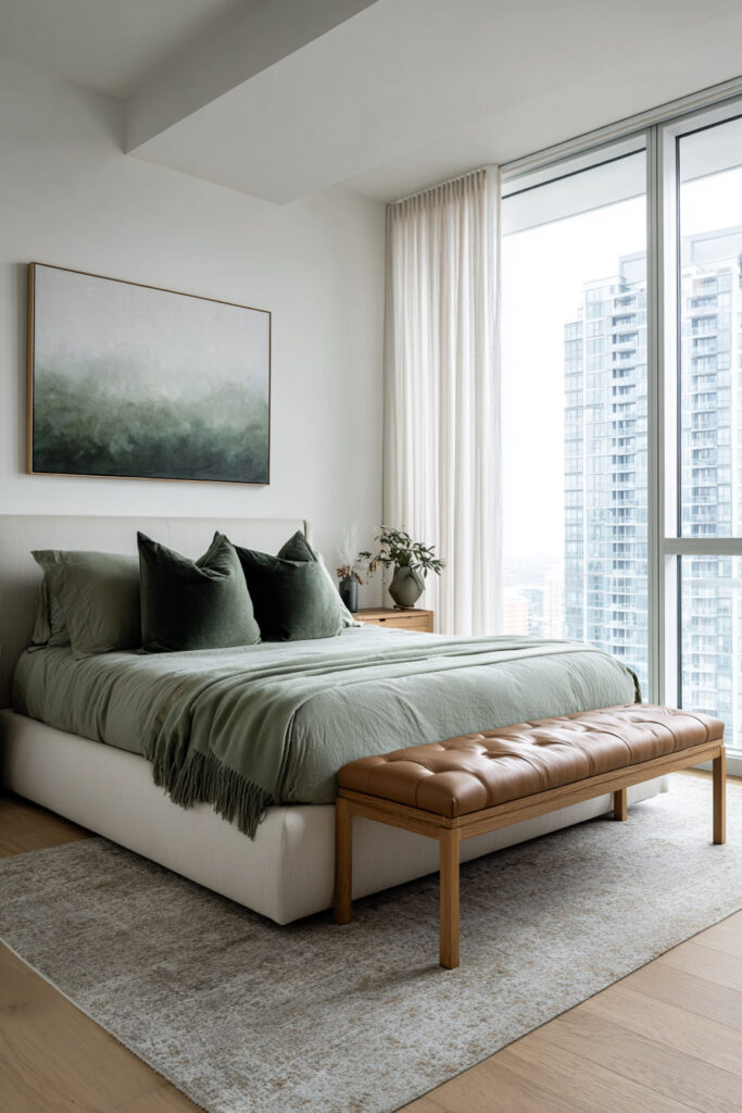 Modern sage green bedroom with leather bench, wood furniture, and natural light creating a clean and sophisticated look.