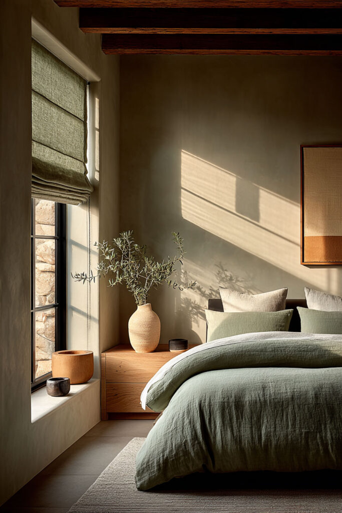 A warm minimalist bedroom with sage green roman shades, linen bedding, a ceramic vase with olive branches, and wooden furniture illuminated by soft window light.