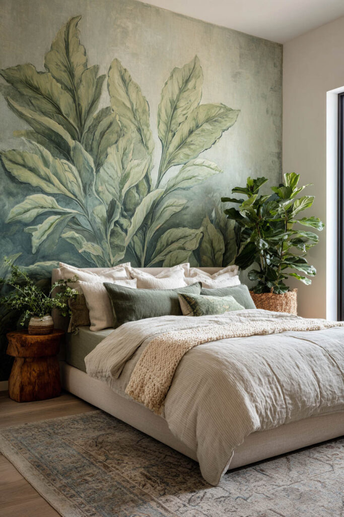 Sage green bedroom with large botanical mural, layered bedding, and natural decor elements creating a peaceful, nature-inspired retreat.