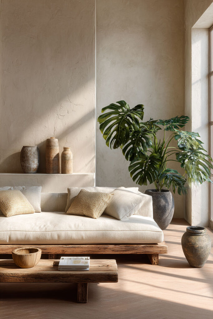 Sunlit living room with large monstera plant, wooden sofa with neutral pillows, earthy pottery, and natural textures for a calm, organic feel.