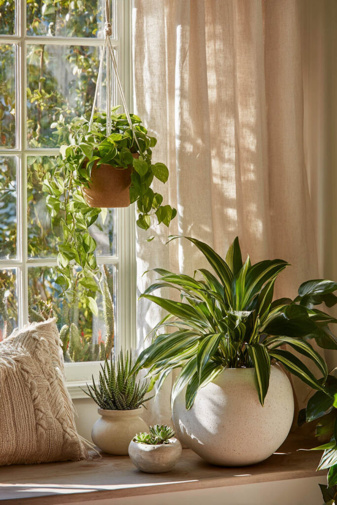 Bright window seat with hanging pothos, dracaena, and succulents in ceramic pots with natural light.