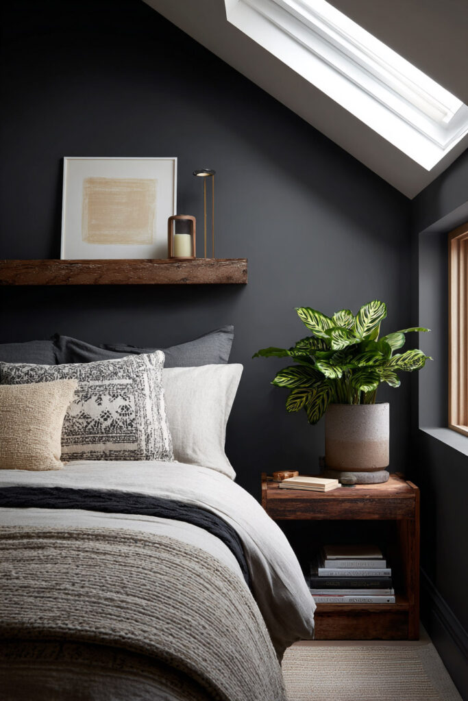 Dark bedroom with skylight, striped calathea plant on wooden nightstand, neutral bedding, and layered cozy textures for a modern look.