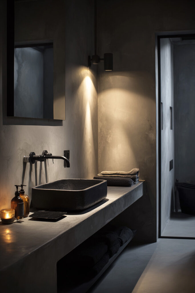 Dark modern black bathroom with a stone vessel sink, matte black fixtures, moody ambient lighting, and a minimalist concrete vanity.