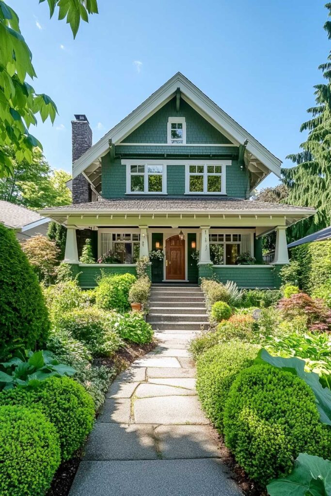 Dark green craftsman-style home with white trim, shingle siding, wood front door, and lush front garden pathway under bright daylight.