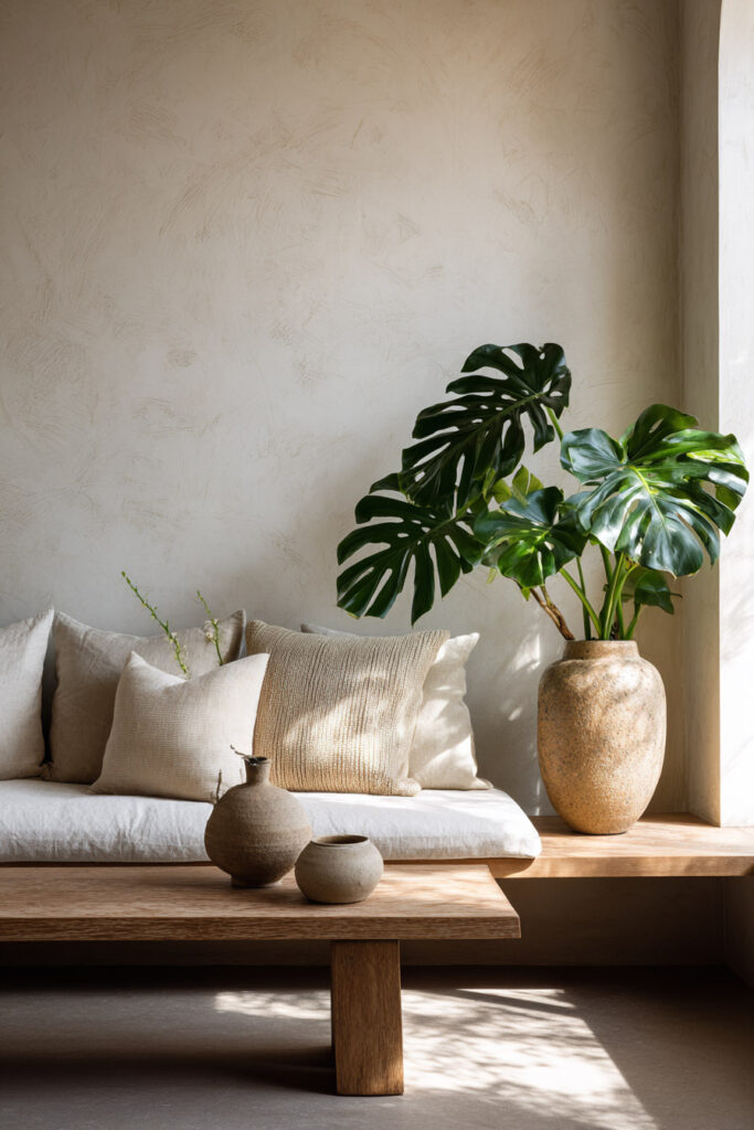 Minimalist living room with monstera plant in stone pot beside wooden bench and neutral pillows in natural light.