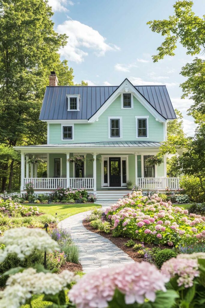 Mint-green farmhouse with white wraparound porch, black door, metal roof, and hydrangea garden pathway surrounded by trees.