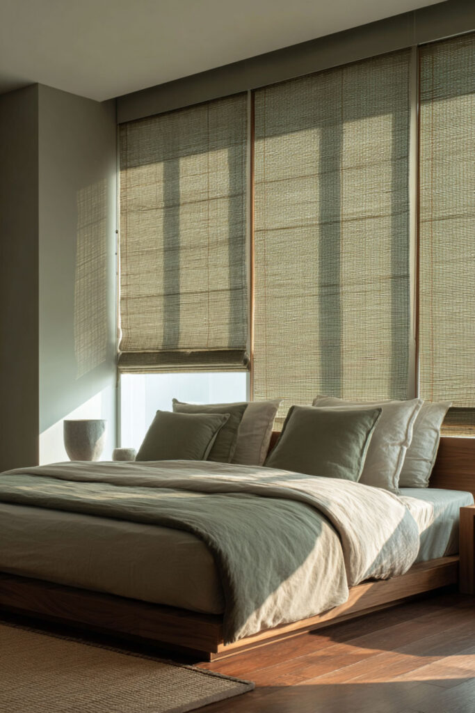 A modern sage green bedroom with soft linen bedding, bamboo-style roman shades, and warm sunlight casting shadows across the minimalist space.