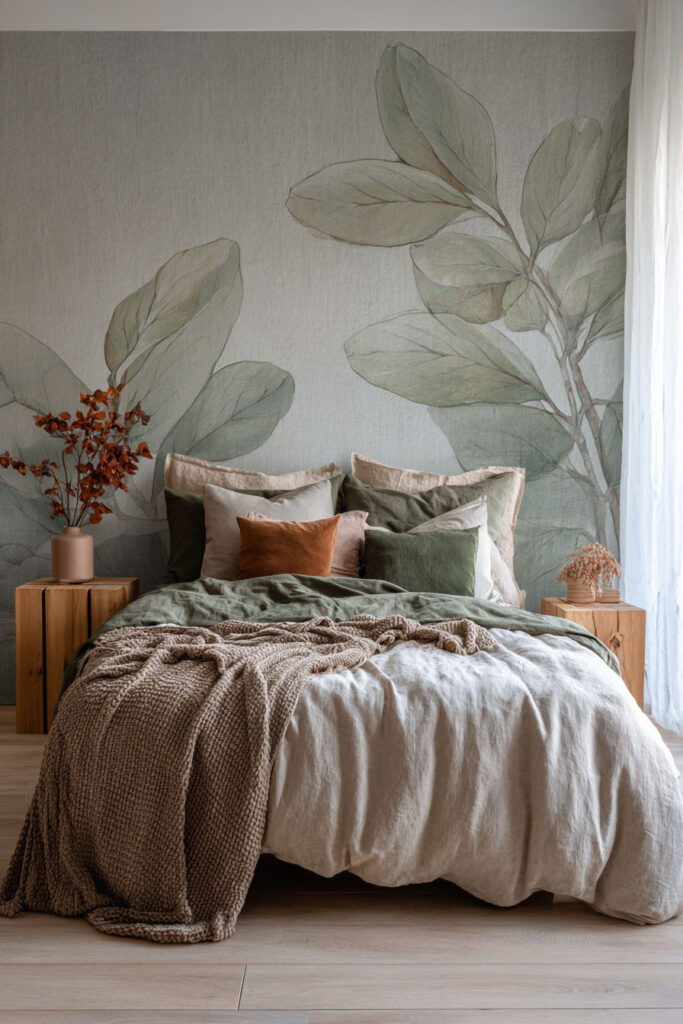Sage green bedroom with large leaf mural, layered linen bedding, and natural wood accents creating an earthy, tranquil atmosphere.