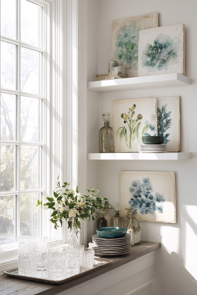 Bright kitchen or dining nook with floating shelves styled with layered botanical art prints, glassware, white dishes, and greenery in natural sunlight.