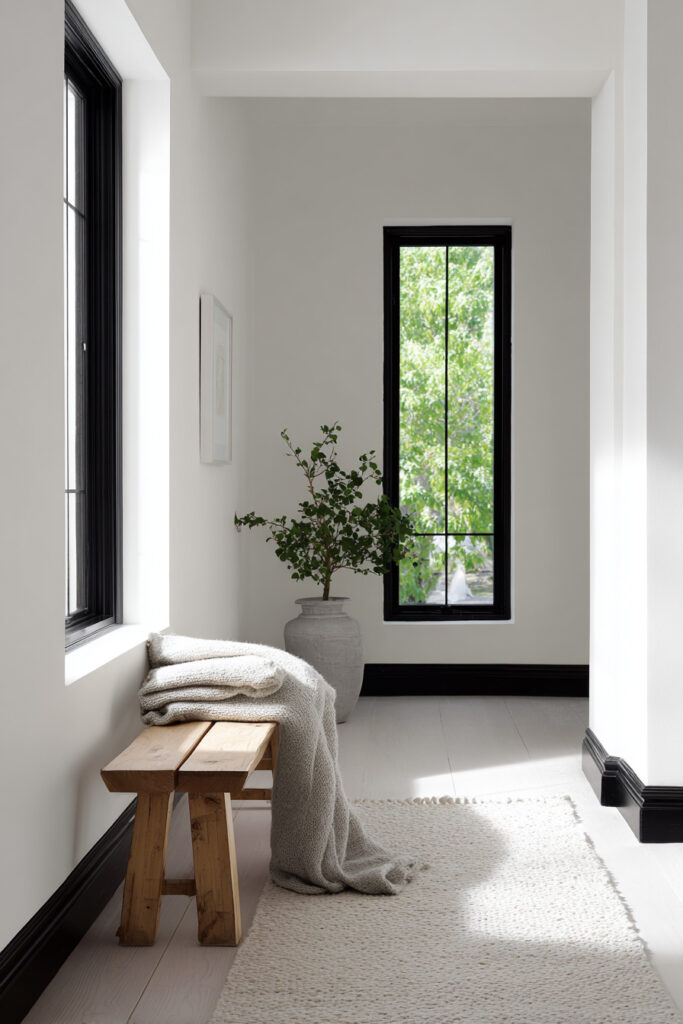 Black and white hallway with black-trimmed windows, rustic wood bench, knit throw blanket, white textured rug, and a large stone vase with greenery.