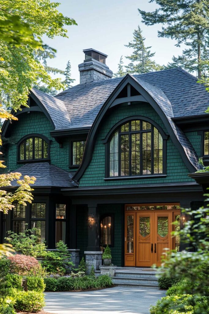 Dark green house with arched windows, black trim, cedar double front doors, and lush forest landscaping surrounding the entryway.