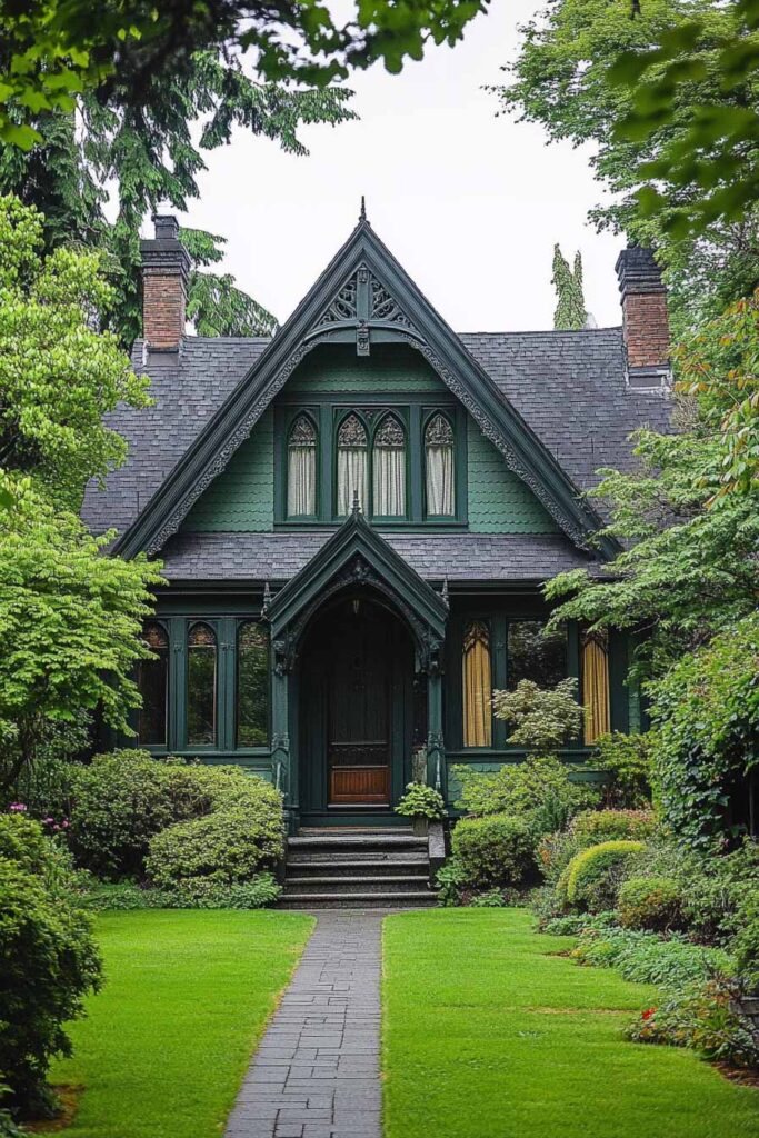 Dark green Gothic cottage with arched windows, steep gables, and intricate trim surrounded by lush garden landscaping and a green lawn.