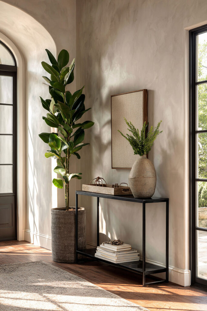 Modern entryway with tall rubber plant in gray pot beside black console table and warm natural light from large windows.
